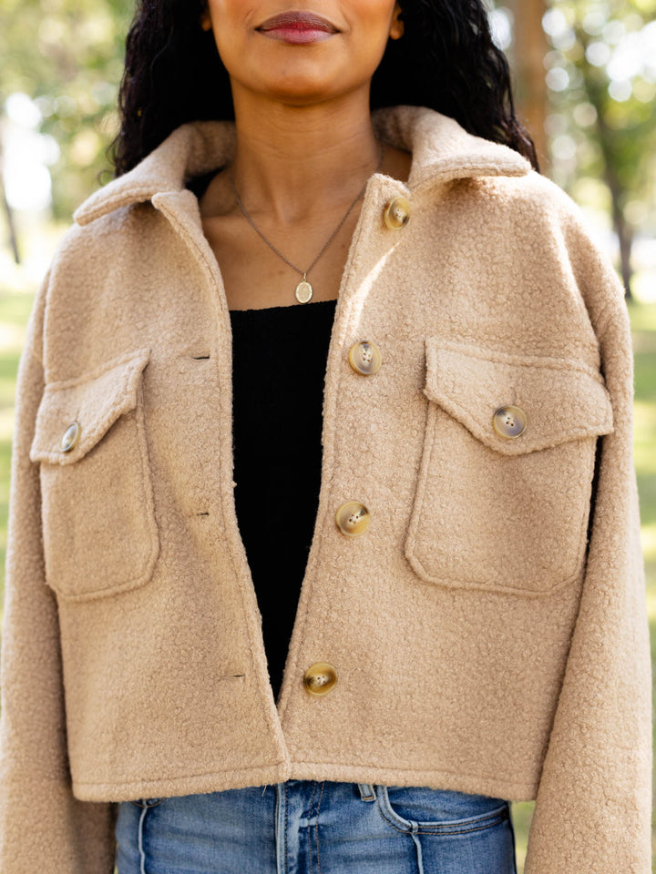 camel teddy textured boxy jacket
