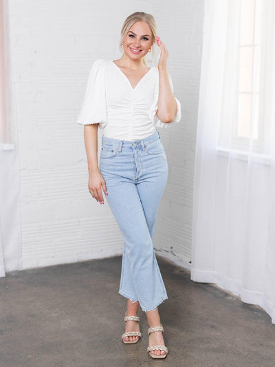 puff sleeve woven ruched center top
