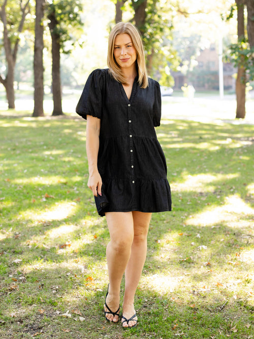 washed black tiered mini dress