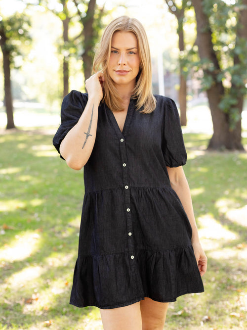 washed black tiered mini dress