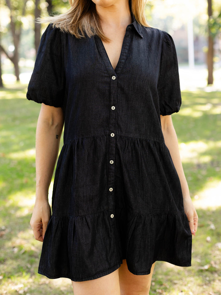 washed black tiered mini dress