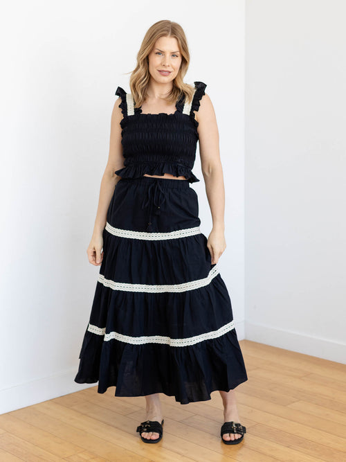 black crochet trim smocked cropped tank