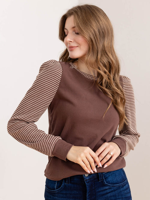 BROWN TEXTURED PUFF SLEEVE TOP