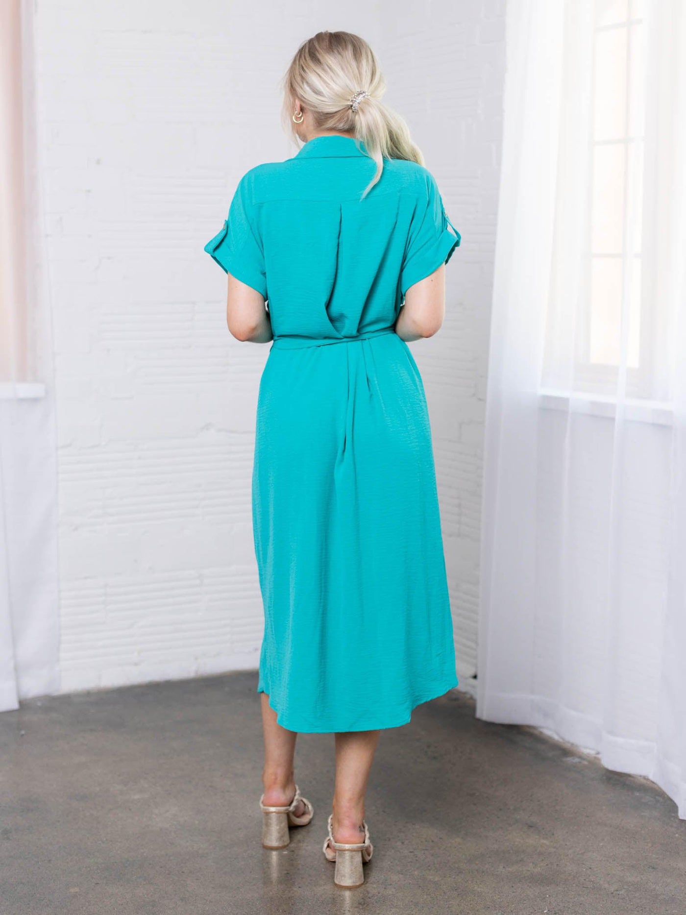 pocket front roll cuff long dress