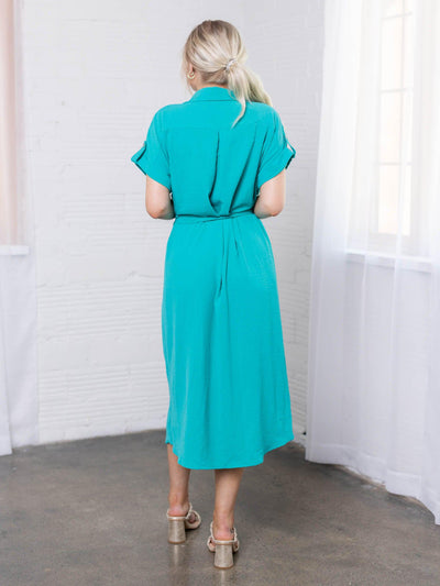 pocket front roll cuff long dress