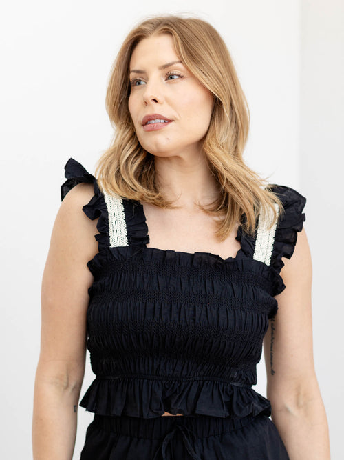 black crochet trim smocked cropped tank