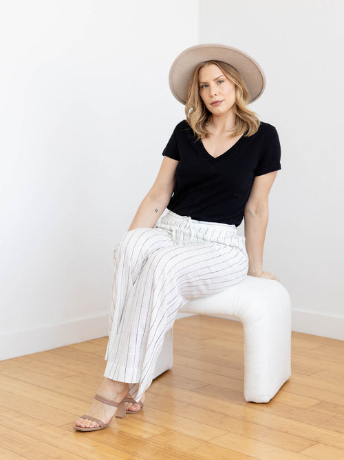 linen cream and stripe wide leg pants