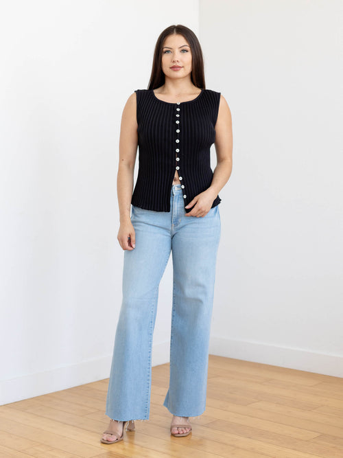 light wash wide leg raw hem denim