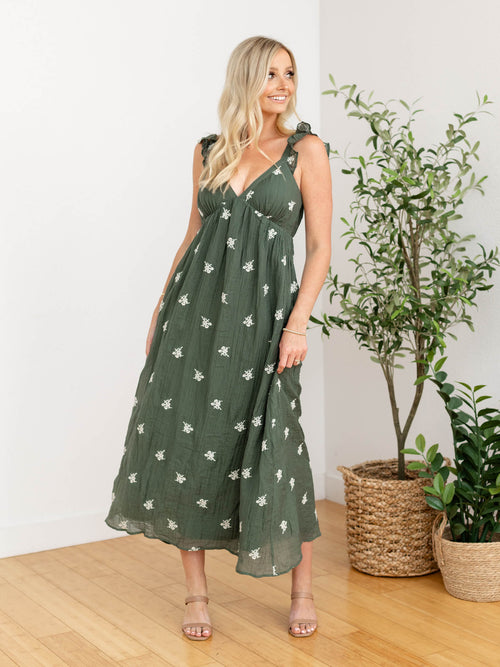 olive green embroidered floral maxi dress
