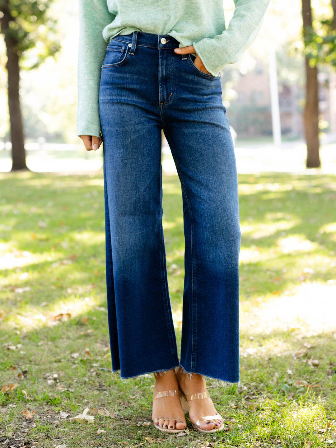 dark wash wide crop jeans