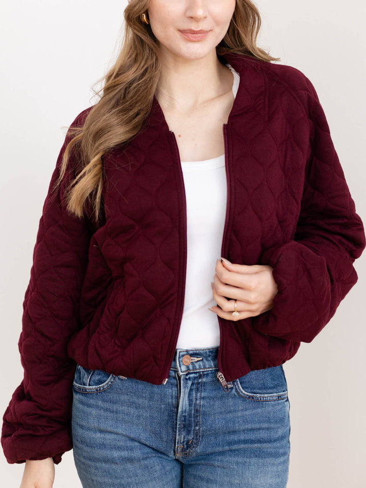 maroon quilted bomber jacket