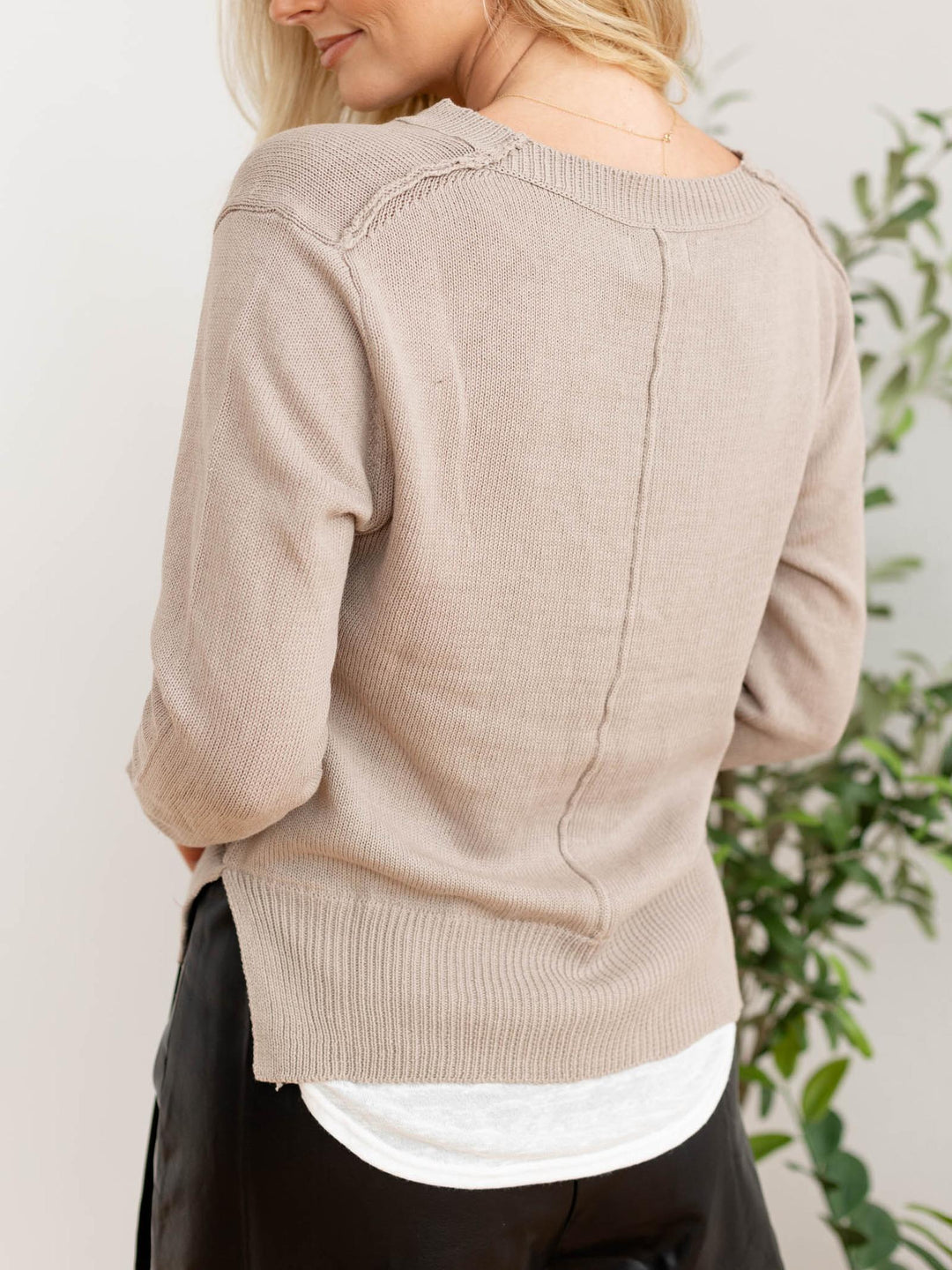 layered notched neck neutral sweater