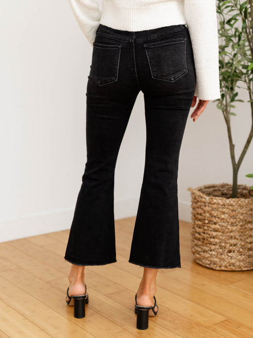 soft black cropped flared denim