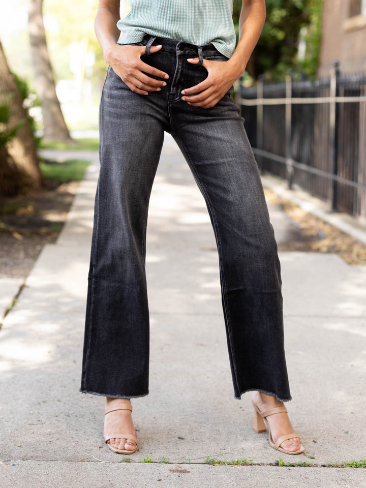 washed black raw hem wide denim