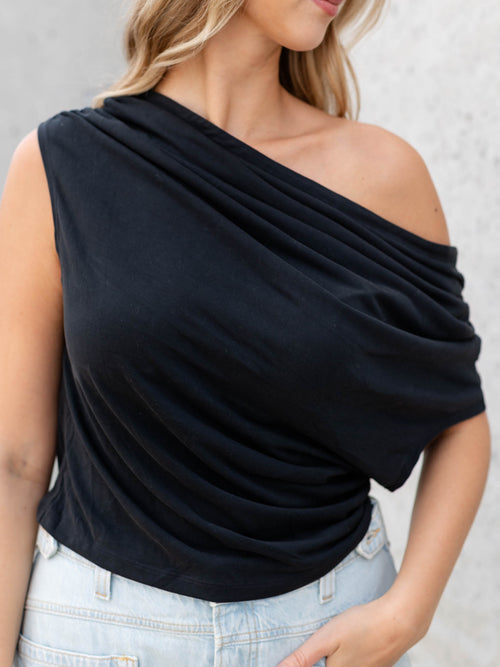 slouchy off the shoulder black top