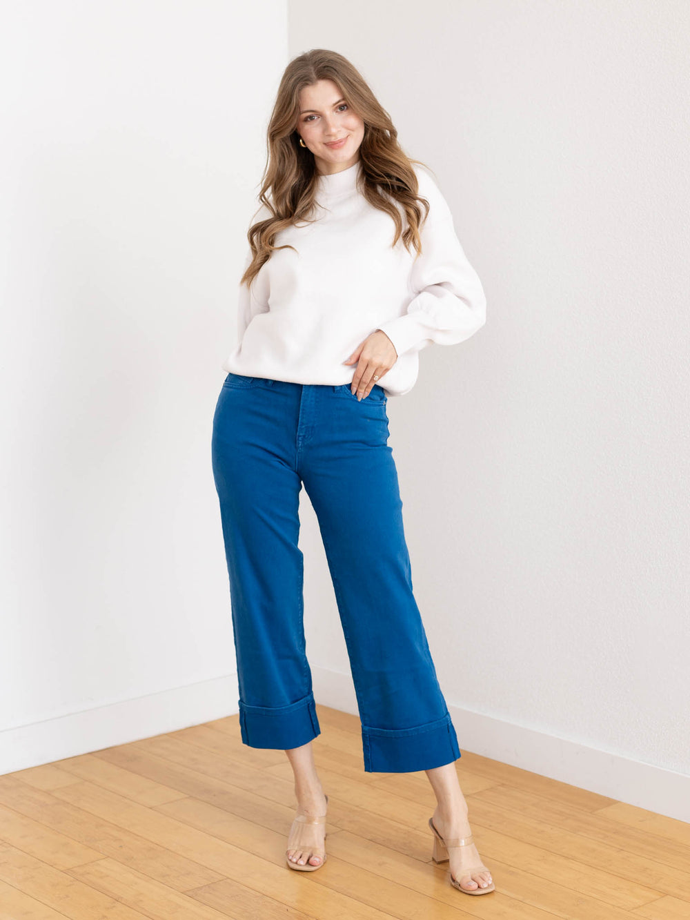 cuffed bright blue ankle denim