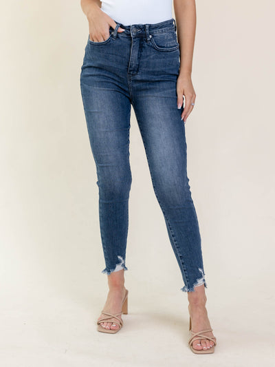 destructed ankle blue denim skinny jean