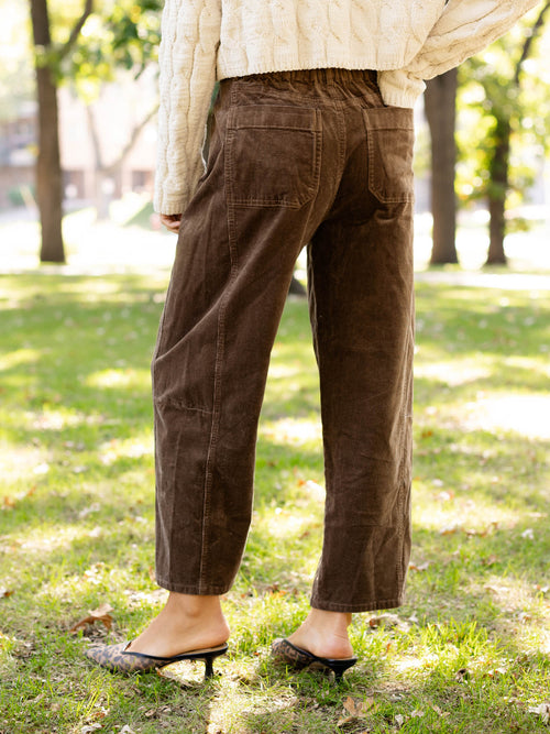 chocolate brown corduroy barrel pants
