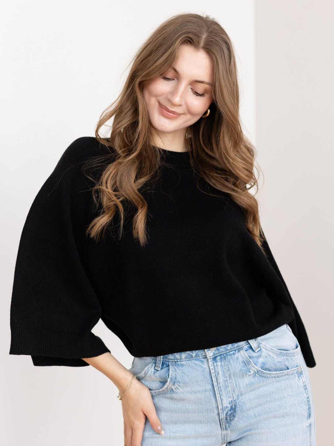 black wide sleeve boxy sweater