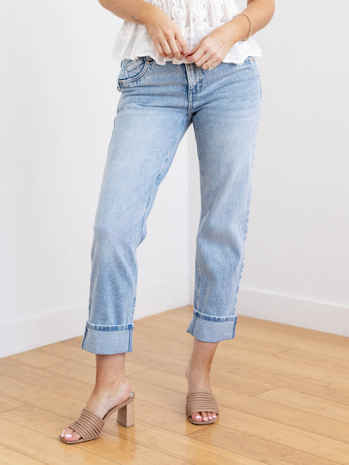 cuffed light wash denim
