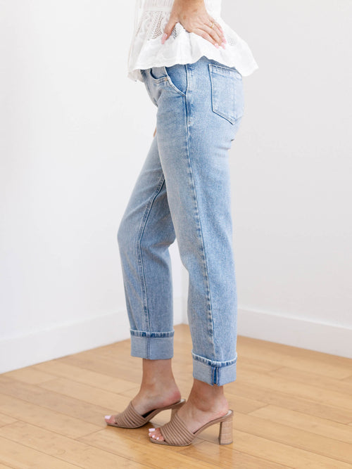 cuffed light wash denim
