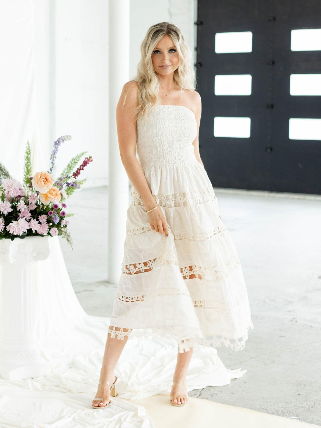 cream crochet trim strapless dress