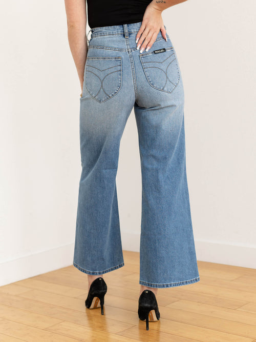 braided pocket medium wash wide leg denim