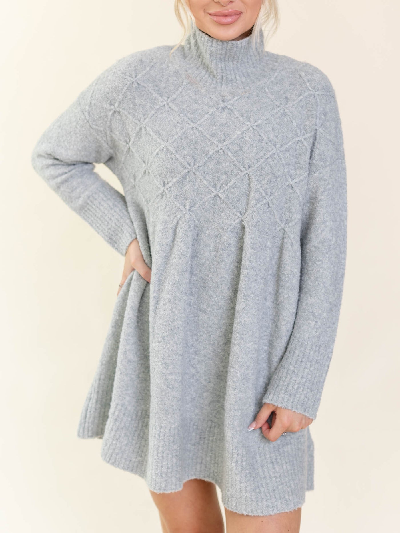 checkered mock neck sweater dress