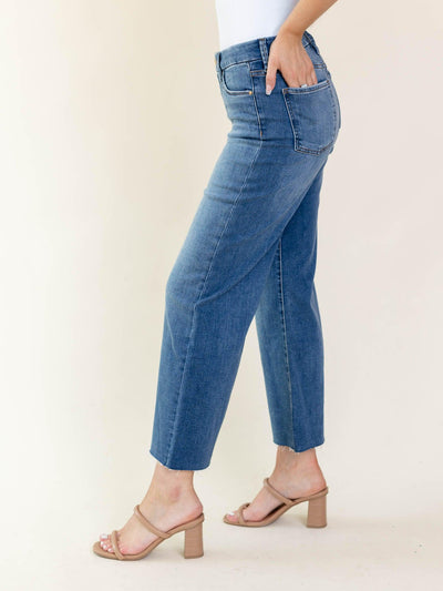 cropped raw hem wide leg denim
