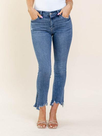 uneven slit hem denim
