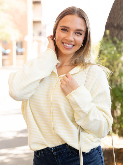 light yellow striped button cardigan