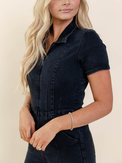 short sleeve denim jumpsuit