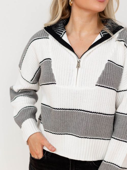 black and white half zip collared sweater