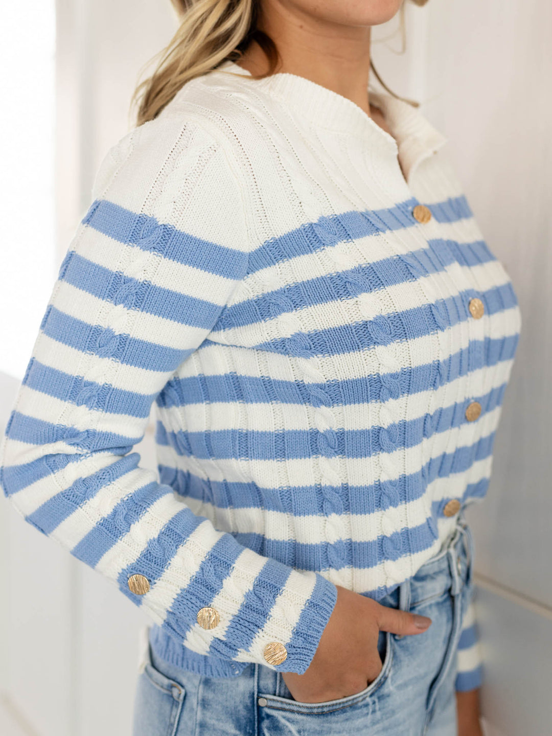striped long sleeve button down cardigan
