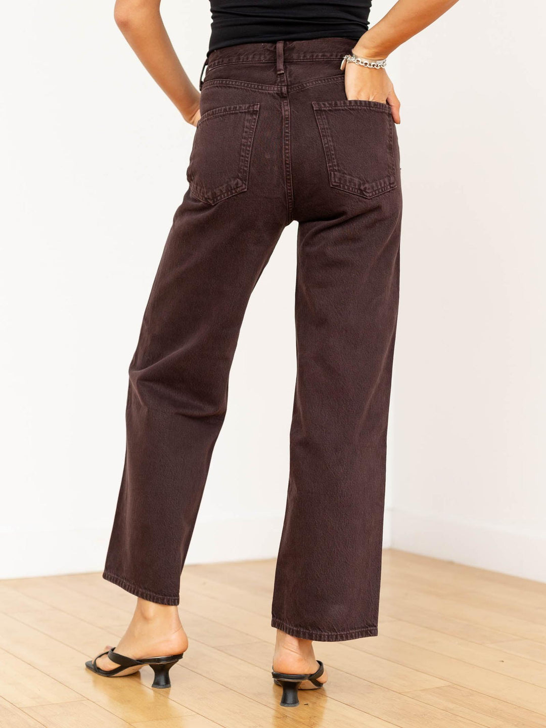 dark berry colored wide leg denim