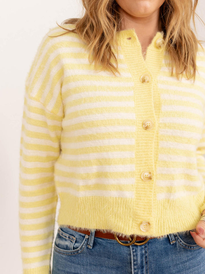 yellow striped fuzzy cardi