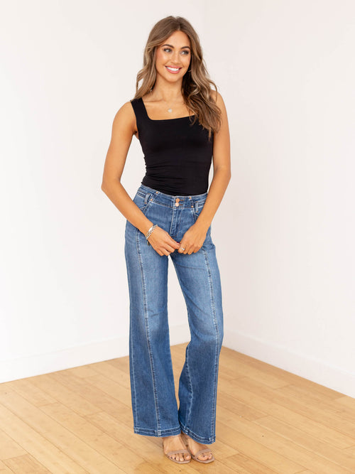 front seam medium wash wide leg pants