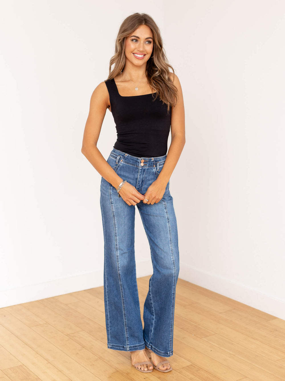 front seam medium wash wide leg pants