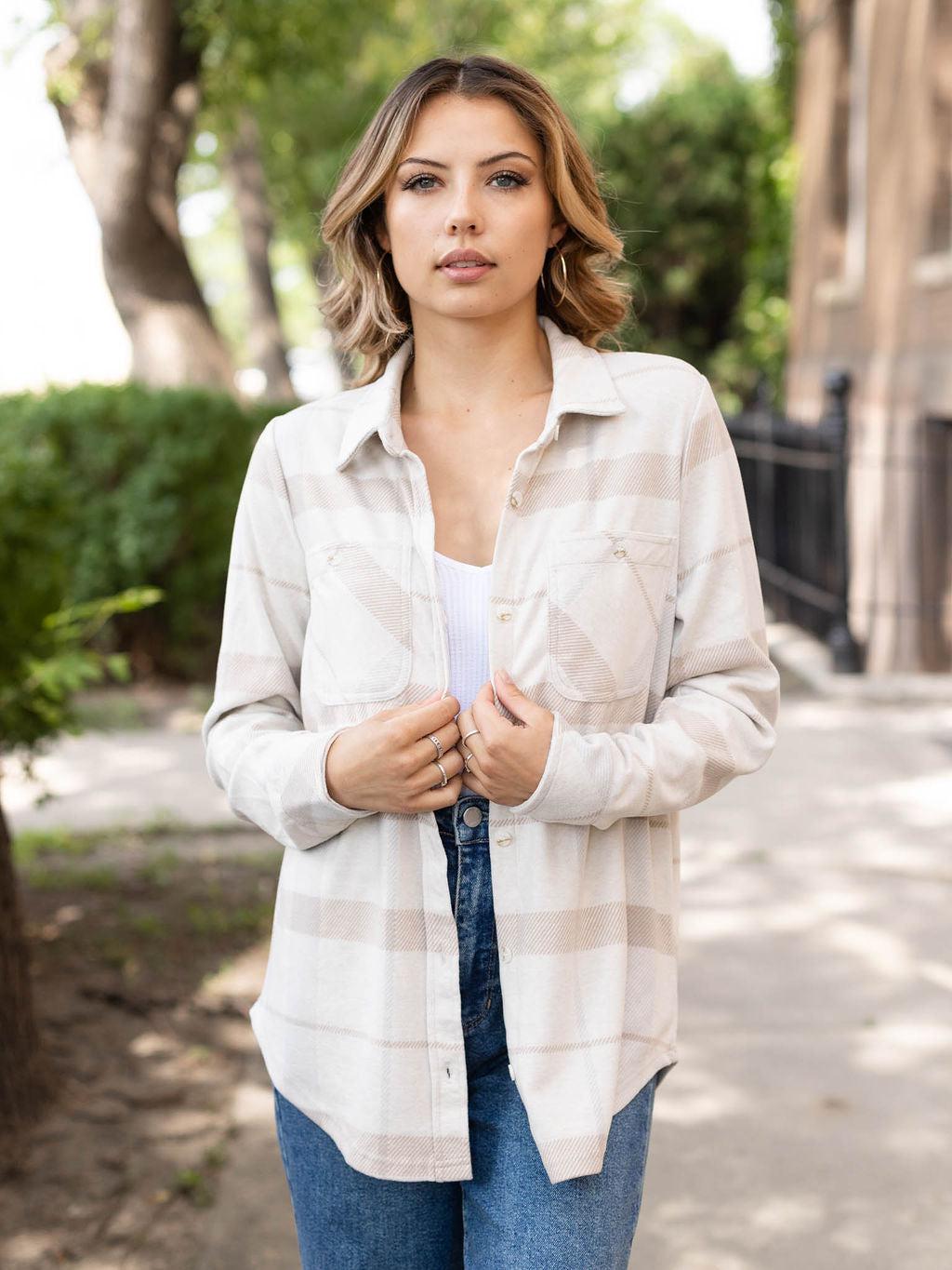 lewis taupe plaid shirt jacket thread and supply