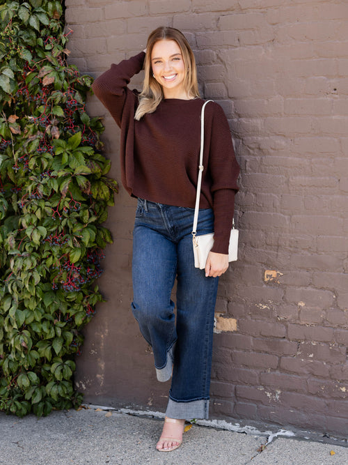 brown boxy waffle knit sweater