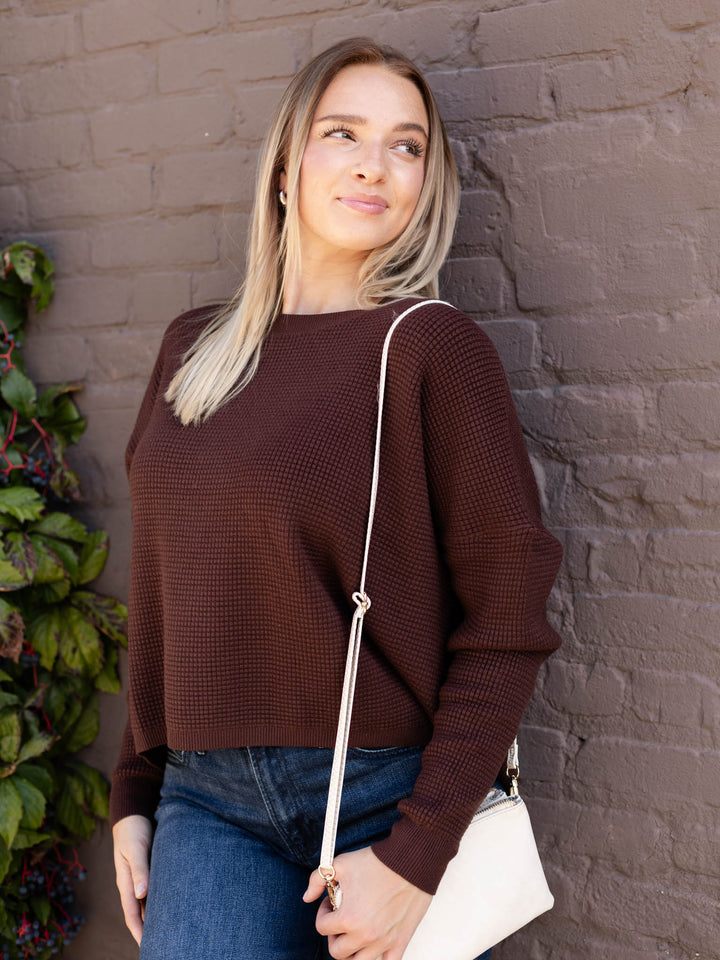 brown boxy waffle knit sweater
