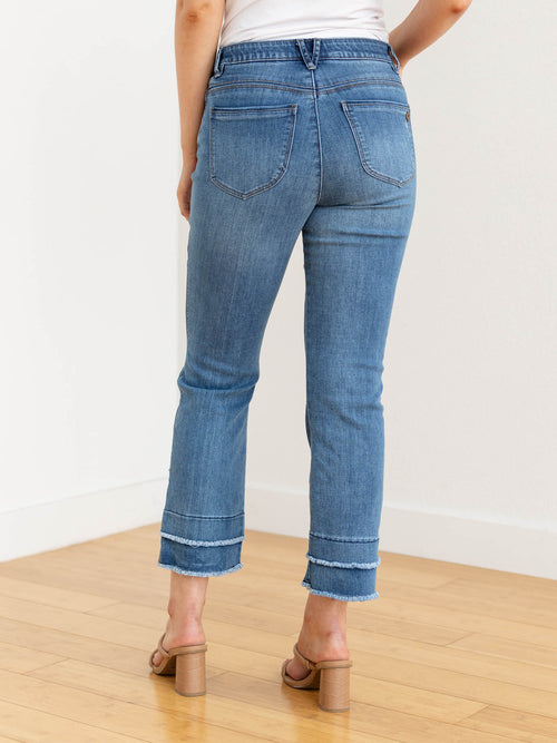layered frayed kick flare medium wash denim