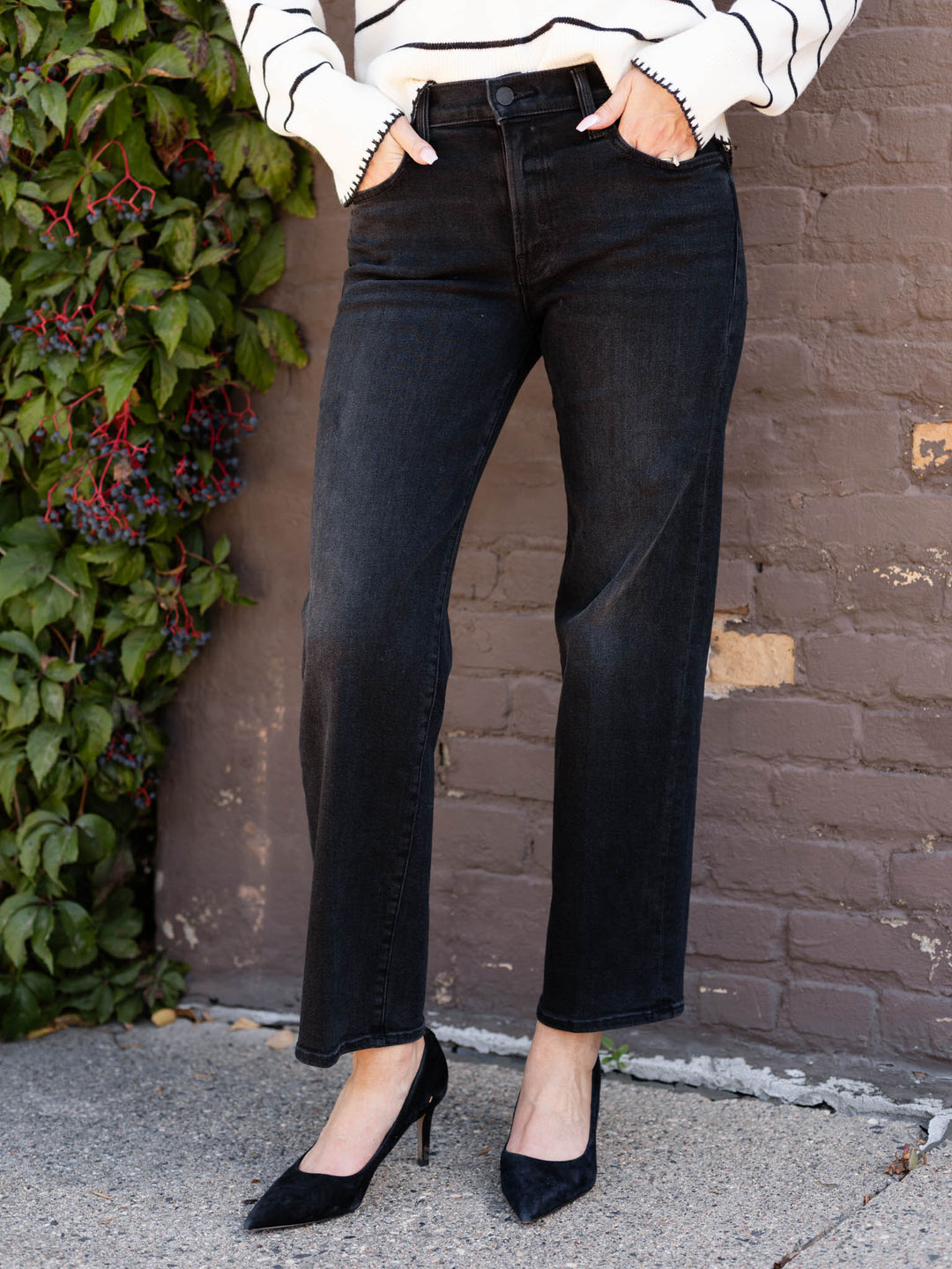 washed black straight leg denim