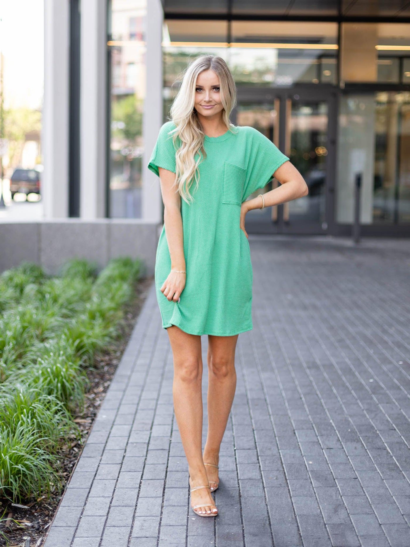 green pocket front dress