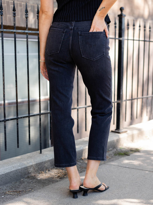 cropped washed black straight denim