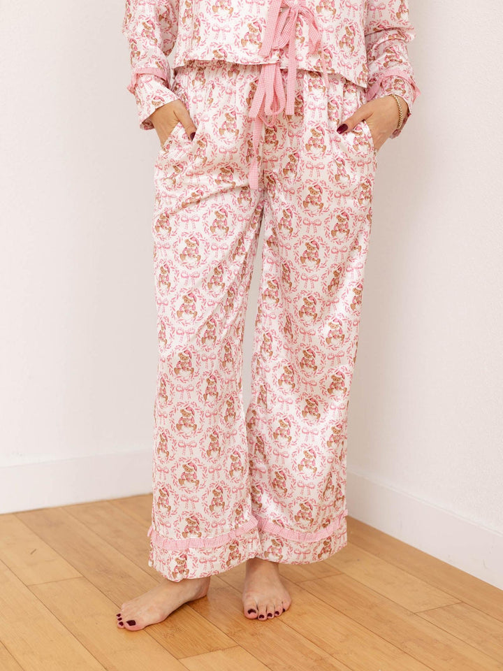 two piece pink teddy santa pj set