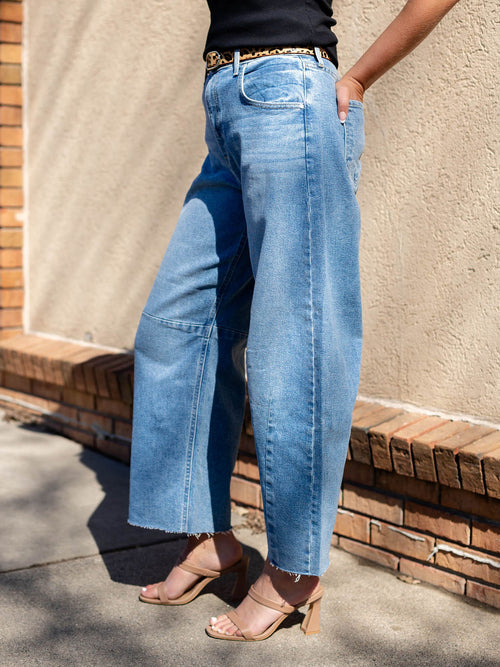 light wash seam detail barrel denim