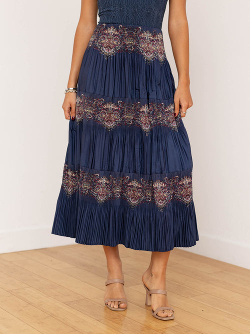blue pleated paisley printed skirt