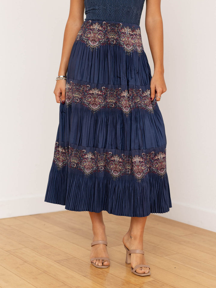 blue pleated paisley printed skirt