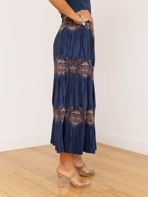blue pleated paisley printed skirt